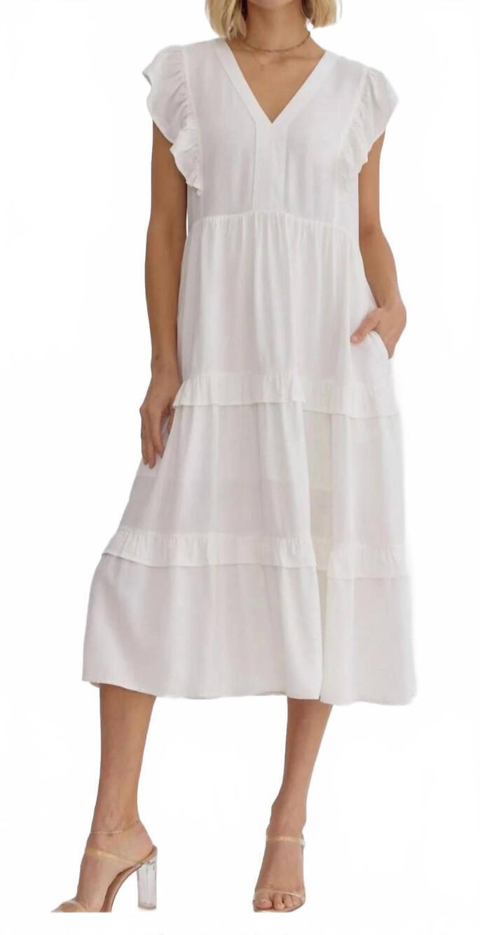 NEW ENTRO v-neck ruffle sleeve tiered midi dress in white
